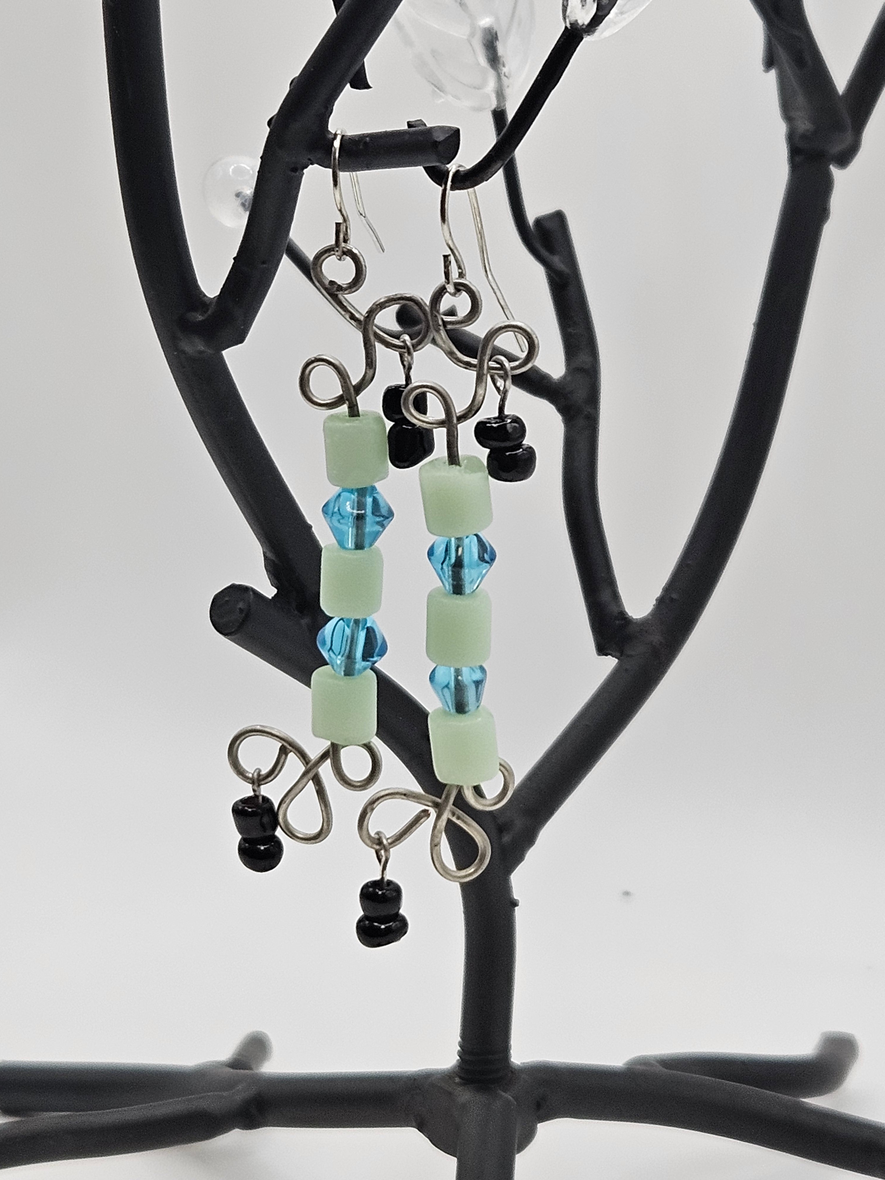 Blue green wire design dangle earrings
